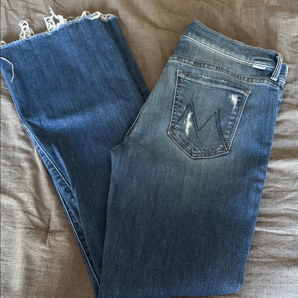 MOTHER Dark Blue Cropped Raw-Hem Jeans